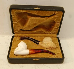 Paar alte türkische Meerschaum geschnitzte Sultankopfpfeifen, mit Lederetui - Bild 1 von 8