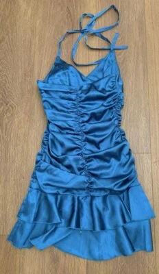 Vintage Jessica McClintock Bodycon Dress Womens 2 Teal Satin Ruched Mini Ruffle - Image 1 of 4