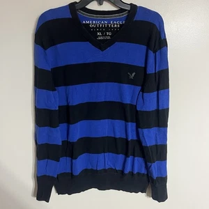 American Eagle Pullover Sweater Long Sleeve Vneck Striped Blue Black MenSize XL - Picture 1 of 10