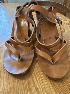 K Jacques St Tropez Brown Leather Strapped Wood Wedges Sz: 36 - Picture 1 of 5