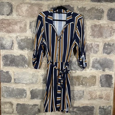 Derek Heart Plus Striped Shirt Dress Woman's 2X Button Up Belted Blue Yellow - Image 1 of 4