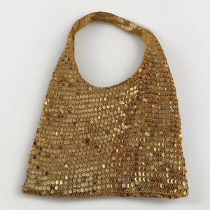 Y2K Gold Pailletten Schultertasche Häkel Disco Glitzer 90er 00er Vintage Hobo Handtasche - Bild 1 von 9