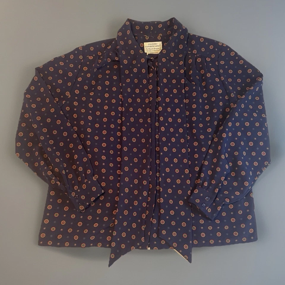 Винтажная женская блузка 80-х Pendleton Country Sophisticates с галстуком размер XL темно-синяя - Изображение 1 из 4