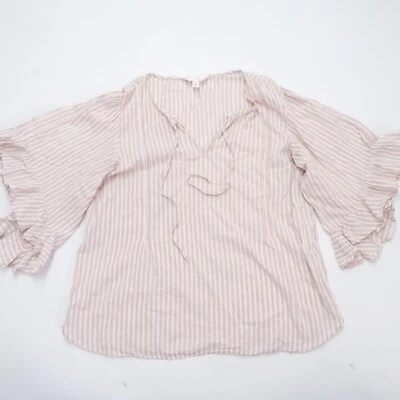 LC Lauren Conrad Blouse Women Medium Striped Stretch Bell Sleeve Tie Neck Top - Image 1 of 4