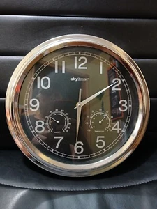 Skytimer Quartz Wall Clock With Thermometer Hygrometer Black Chrome White Number - Picture 1 of 7