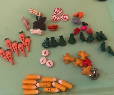 50 Pc Button Lot Themed Shaped Pencils Carrots Planes Ties Soda Bottle caps + - Image 1 of 4