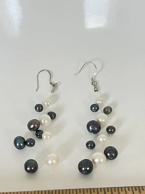 925 Freshwater Pearl Dangle Floating Sterling Silver Earrings Black White - Image 1 of 4