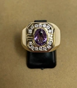 BEAUTIFUL 18K YELLOW GOLD AMETHYST & 1/4 CT TW DIAMOND PINKY RING SIZE 8 - Picture 1 of 13