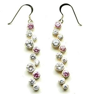 Sterling Silver Rub Over Graduated Earrings Pink+White CZ's - Picture 1 of 1
