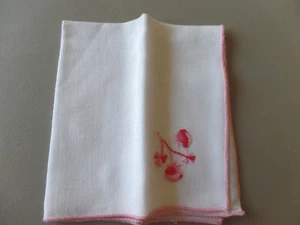 Vintage White Linen Handkerchief 11" x 12" Embroidered Floral Corner Pink Trim - Picture 1 of 3