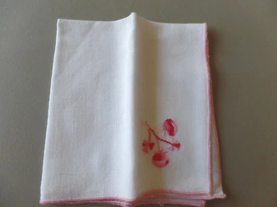 Vintage White Linen Handkerchief 11" x 12" Embroidered Floral Corner Pink Trim - Image 1 of 3