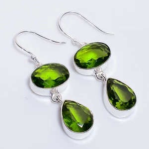 Peridot Gemstone Ethnic Style Handmade 925 Sterling Silver Earrings 2" B340 - Picture 1 of 5
