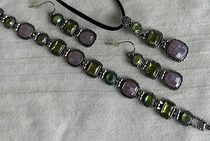 Lia Sophia Granada Pendant Bracelet Earrings Abalone Antique Silver Tone Euc - Picture 1 of 19