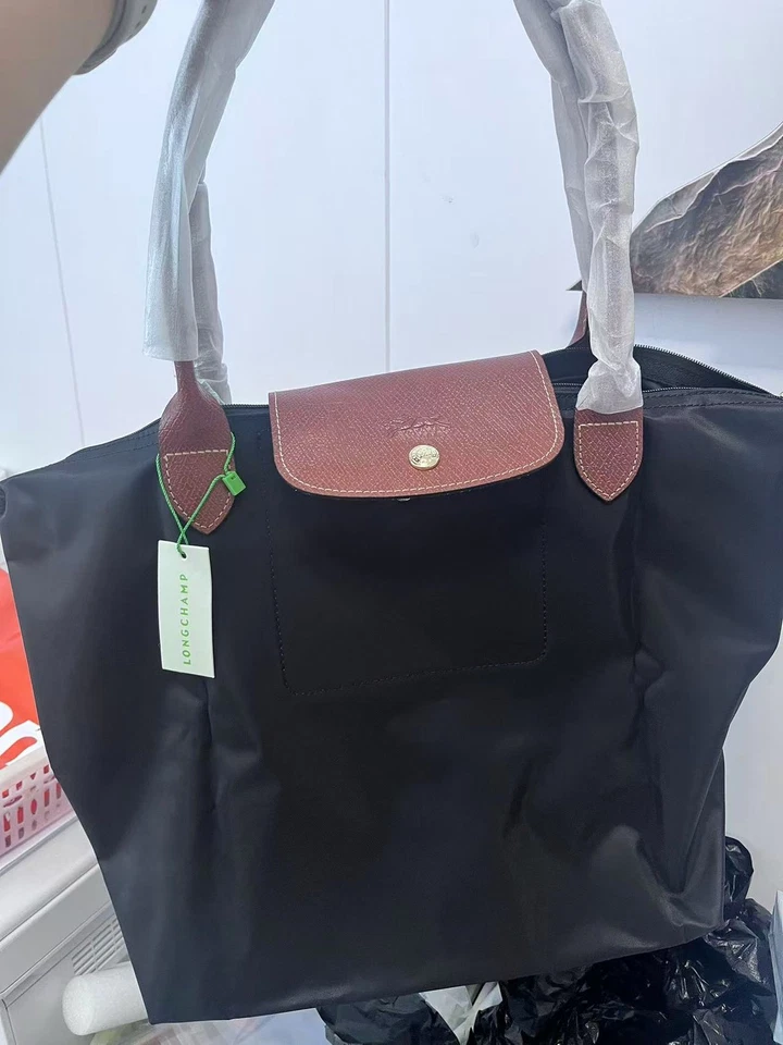 LONGCHAM Black Brown Foldable Nylon Bag with Horse Tote Bag Genuine Leather Handles UK~
