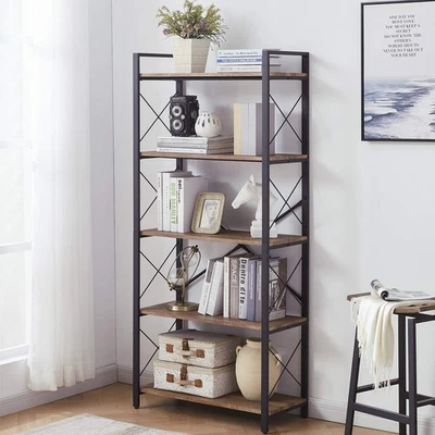 OIAHOMY Industrial Bookshelf，5-Tier Vintage Bookcase and Bookshelves Brown Oak - Image 1 of 4