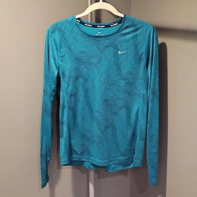 Nike Running Dri-Fit Long Sleeve Shirt Wave Cartography Design, Women's M, Blue - Image 1 of 4