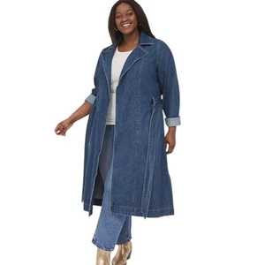 Lane Bryant Womens Coat Plus Size 20 Denim Belted Trench Coat Medium Wash - Picture 1 of 14