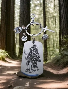 Stainless Steel 2 design St. Saint Christopher Patron of travel 4 charms keyring - Picture 1 of 8