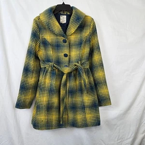 Anthropologie Tulle Women's Yellow Blue Plaid Belted Wool Blend Pea Coat Large - Picture 1 of 14