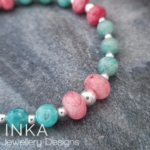 925 Sterling Silver & Amazonite bead Stacking Bracelet with Pink Angelite INKA - Picture 1 of 8
