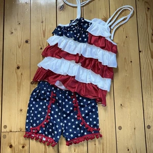 Sparkle In Pink 5T 4th Of July Red White Blue Outfit Shorts Flutter Tank Top - Picture 1 of 12