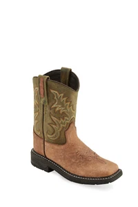 Old West Olive/Tan Children Boys Leather Cowboy Boots - Picture 1 of 2