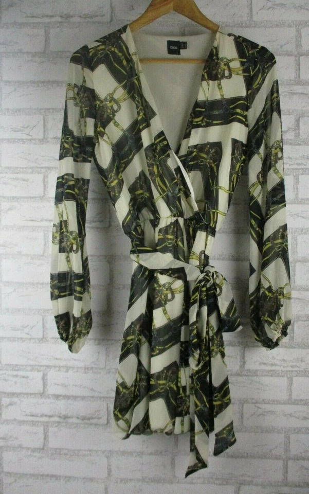 Vestido mujer Asos cuello en V blanco negro oro cadena estampado uk10 Foto 1 de 4