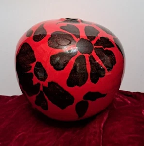 Adriana Ceramic Round Red & Black Signed Vase. 8" X 8". Vase opening 1".  (3) - Picture 1 of 7
