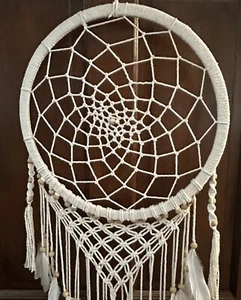Large Boho Macrame White Dream Catcher Natural Wood Beads Feathers 17” - Picture 1 of 8