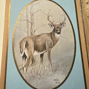Vtg UNUSED Christmas Card White Tail Buck Judy Moos Welton W/Env