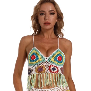 Colorido Gitano Ganchillo a Mano Encaje Tejido Playa Flecos Bikini Halter Camiseta sin Mangas - Imagen 1 de 9
