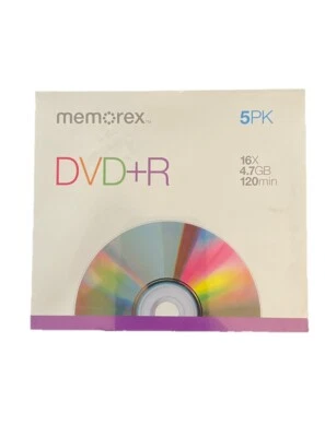 New Genuine Memorex DVD+R Blank Recordable Discs 16X 4.7GB 120Min 5-Pack w/cases - Image 1 of 2