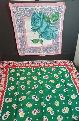 2 Vintage Handkerchief Hankies, Blue Roses Green Bright Flowers Floral, Prairie — 第 1/3 张图片