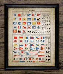 Maritime Signal Flags Print, Nautical Navy Wall Art, French Sailing Navigation - Picture 1 of 1
