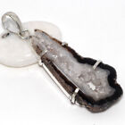 925 Silver Plated-Agate Geode Slice Ethnic Gemstone Pendant Jewelry 2.7" GW