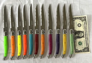 11 x LAGUIOLE JEAN DUBOST Multi Color Handle Stainless Steak Knife France Bee - Picture 1 of 8