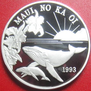 1993 HAWAII MAUI $1 TRADE DOLLAR 1 oz SILVER PROOF WHALES FLOWERS SUN BOX+COA - Picture 1 of 16