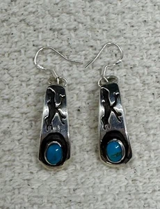 Native American Navajo Sterling Silver Turquoise Roadrunner Dangle Earrings - Picture 1 of 7