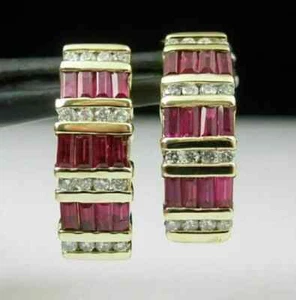 2Ct Baguette Cut Lab Created Red Ruby Huggie Hoop Earrings14K Yellow Gold Plated - Picture 1 of 5