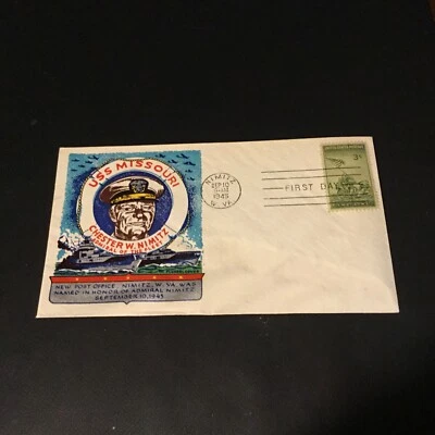 1945 FDC FLUEGEL Cover WWII Patriotic Cachet USS MISSOURI CHESTER. NIMITZ USA  - Image 1 of 2