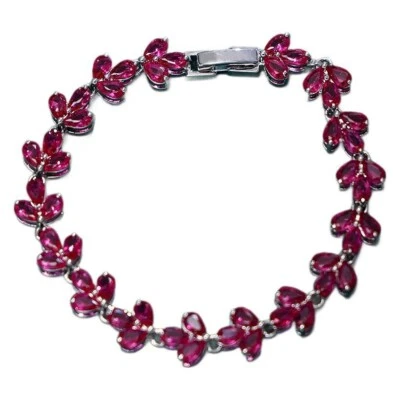 14k White Gold-Plated 3x5mm Pear Ruby Leaf Bracelet Secure Clasp 6.75" - Image 1 of 4