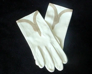 VINTAGE GLOVES BEIGE WITH BROWN APPLIQUE TRIM SMALL SIZE - Picture 1 of 5