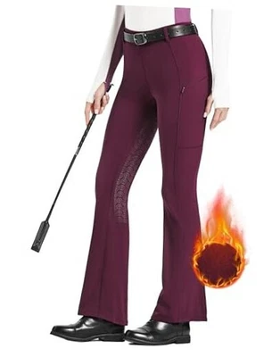  Calça feminina de lã forrada bootcut equitação inverno assento completo vinho médio - Imagem 1 de 4