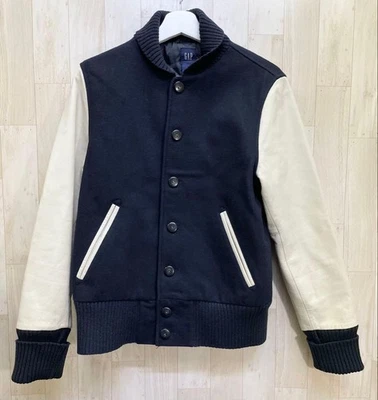 S Size Stadium Jacket Gap Wool Melton Leather Sleeve Switching Navy - Image 1 of 4