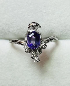 925 Sterling Silver Natural Purple Amethyst Parrot Bird Ring - Picture 1 of 13