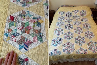 VTG Quilt Hand Pieced Hex Star Seven Sisters Intricate Stitch 58"x78" NICE - Image 1 of 4