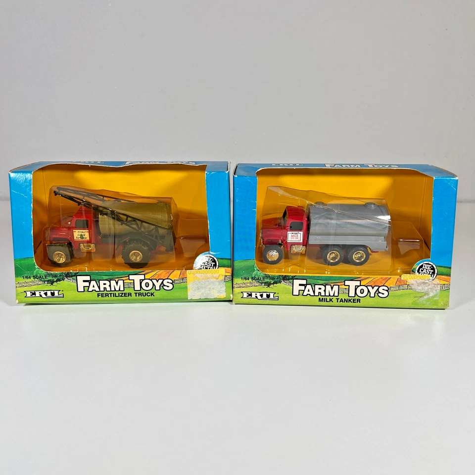 Lot of 2 Vintage 1987 Ertl 1:64 Farm Toys Fertilizer Truck & Milk Tanker - Image 1 of 4