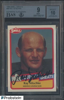 Tarjeta de fútbol americano Ray Nitschke 1989 Swell #96 firmada HOF d.1998 BGS 9 BAS 10 AUTO Foto 1 de 2