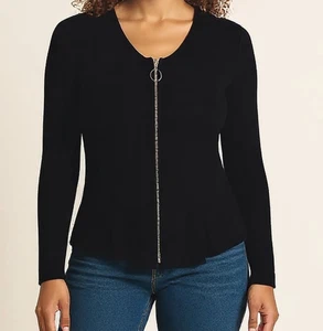 Venus Zip Front Ribbed Cardigan Sweater Hi/Low Black Punk Goth Emo Dk Academia S - Picture 1 of 9