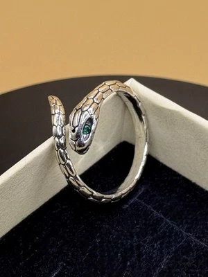 Chevalière / Bague Serpent Œil Vert Adaptable en argent - Immagine 1 di 3